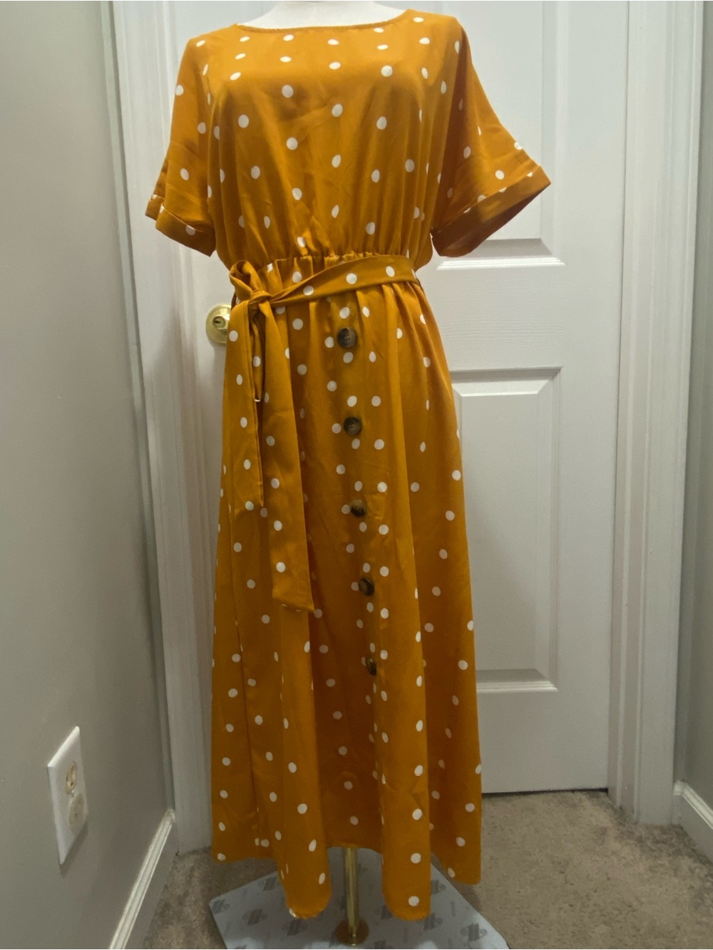 Mustard Polka Dot Tie-Waist Kids Dress
